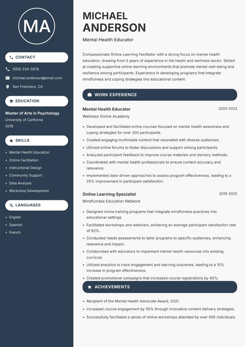 Online Learning Facilitator resume template — Compact