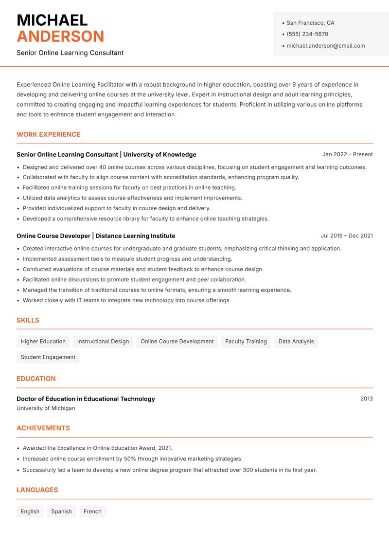Online Learning Facilitator resume template — Modern Professional