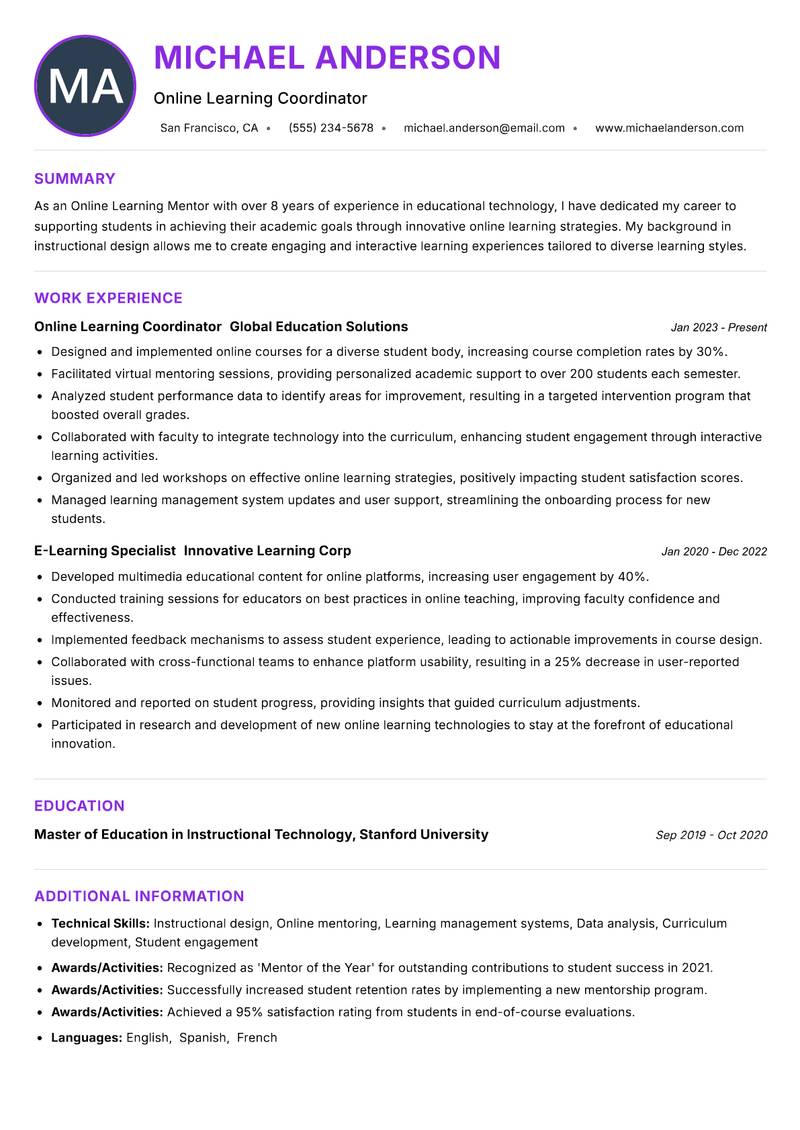 Online Learning Mentor resume example — ATS-friendly template