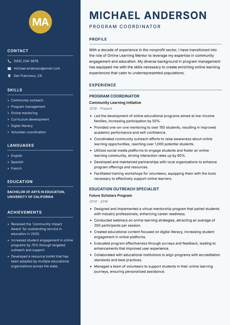 Online Learning Mentor resume template — Classic Clean