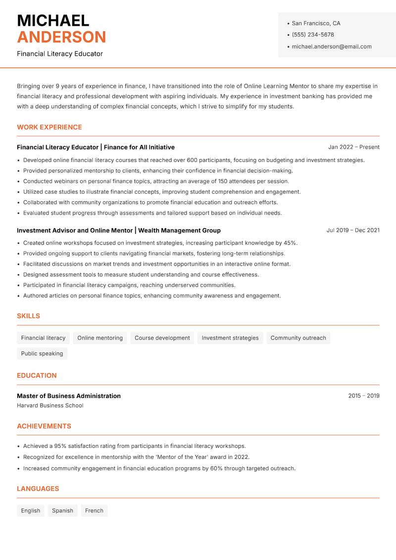 Online Learning Mentor resume template — Modern Professional