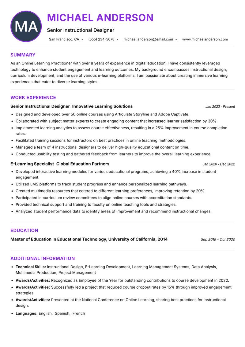 Online Learning Practitioner resume example — ATS-friendly template