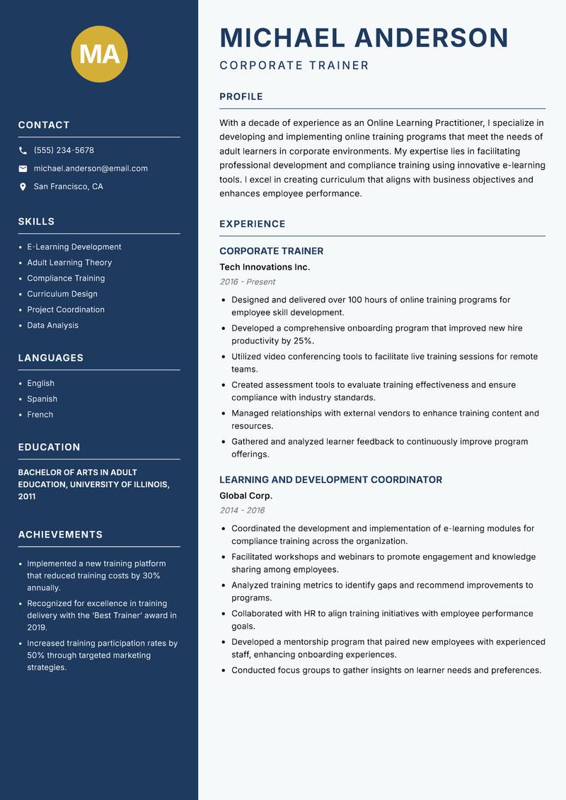 Online Learning Practitioner resume template — Classic Clean