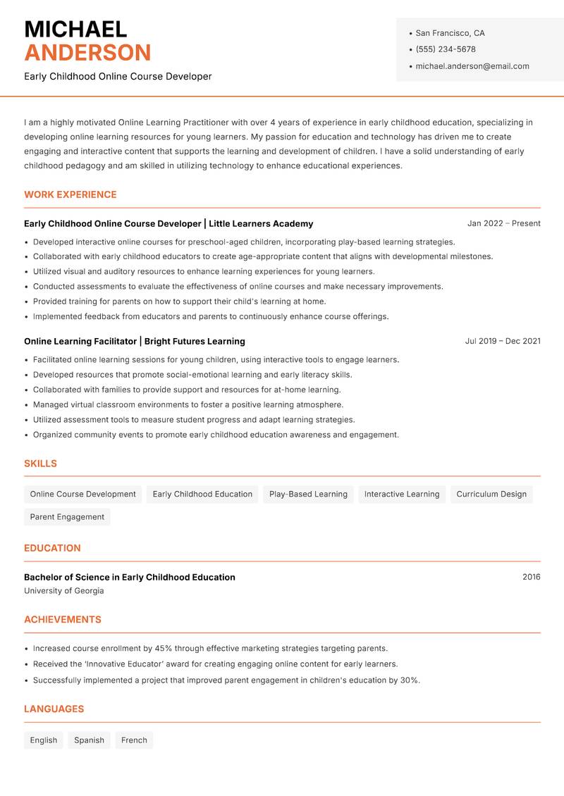 Online Learning Practitioner resume template — Modern Professional