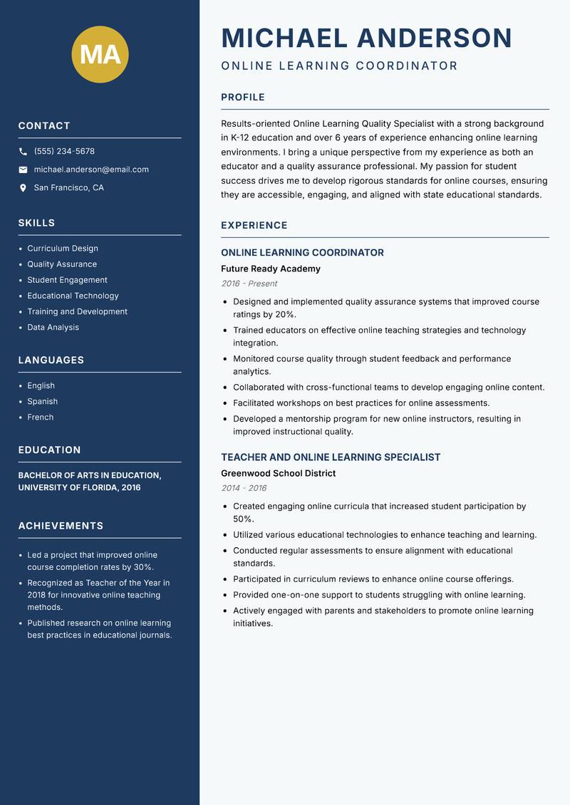 Online Learning Quality Specialist resume template — Classic Clean