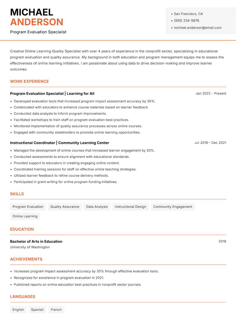Online Learning Quality Specialist resume template — Modern Professional