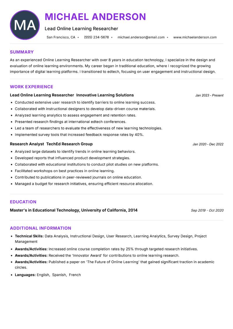 Online Learning Researcher resume example — ATS-friendly template