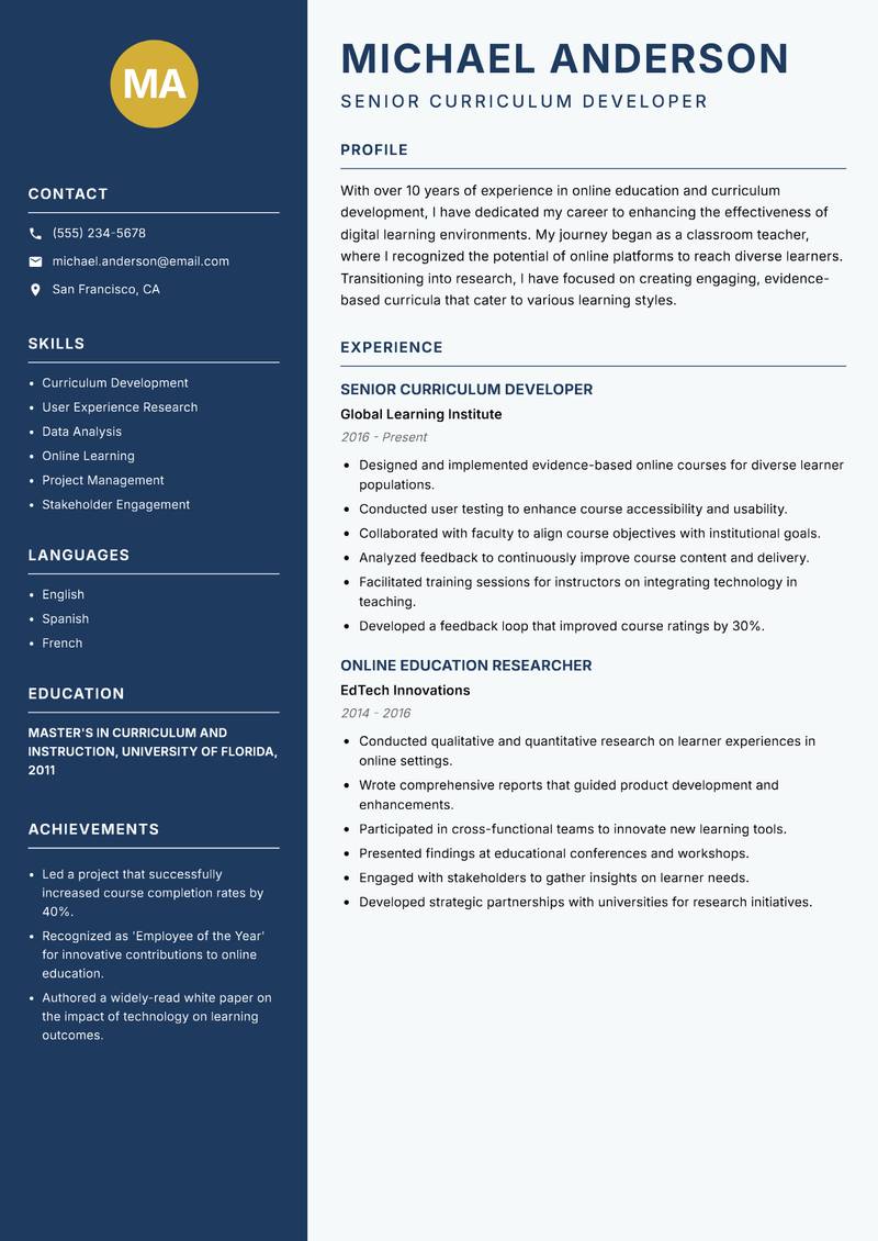 Online Learning Researcher resume template — Classic Clean