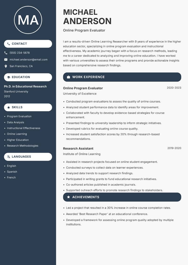 Online Learning Researcher resume template — Compact