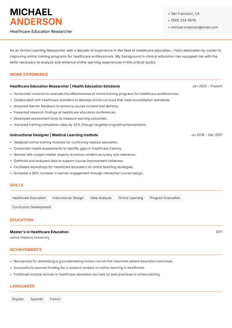 Online Learning Researcher resume template — Modern Professional