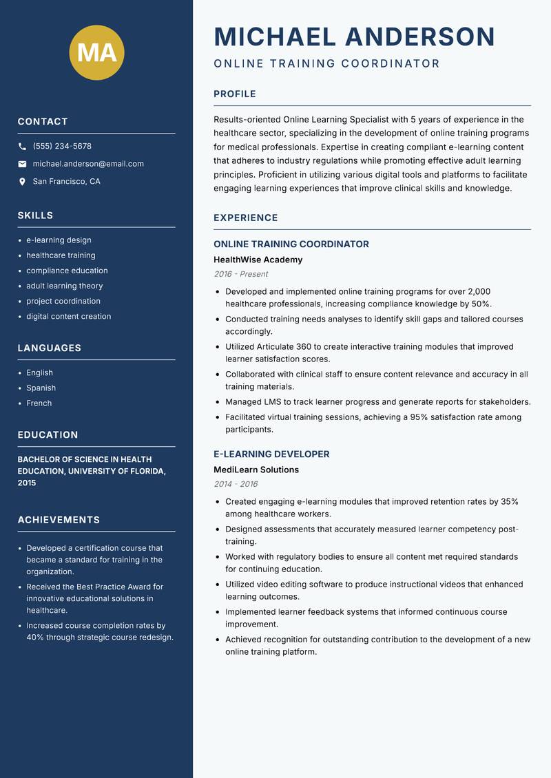 Online Learning Specialist resume template — Classic Clean