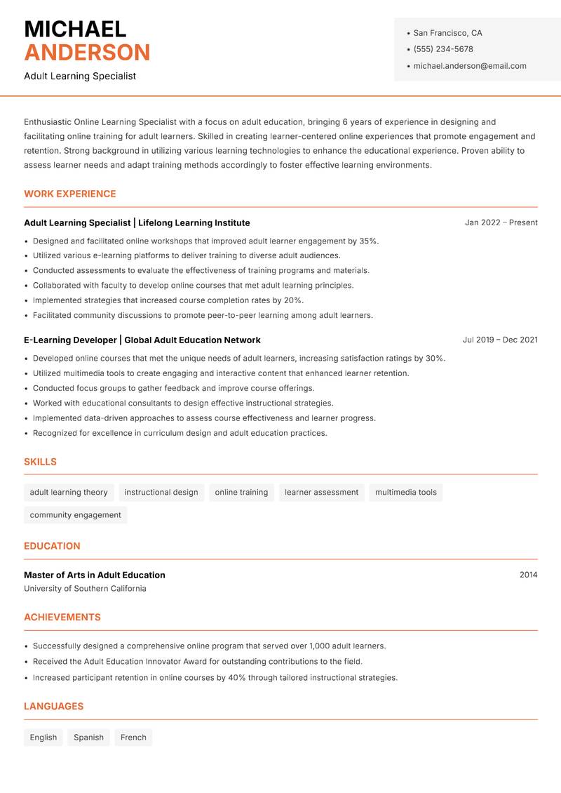 Online Learning Specialist resume template — Modern Professional