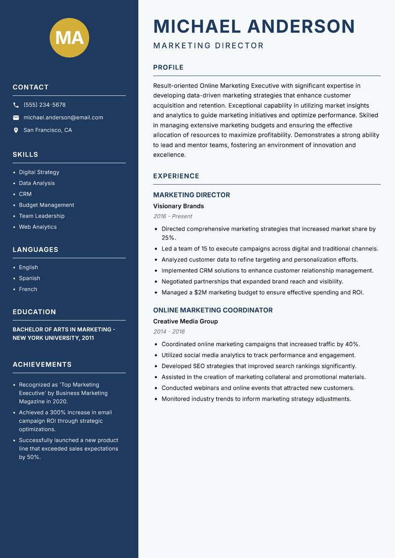 Online Marketing Executive resume template — Classic Clean