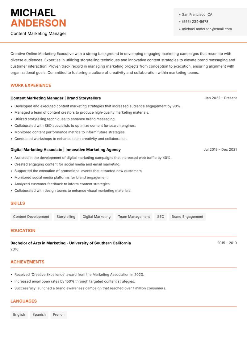 Online Marketing Executive resume template — Modern Professional