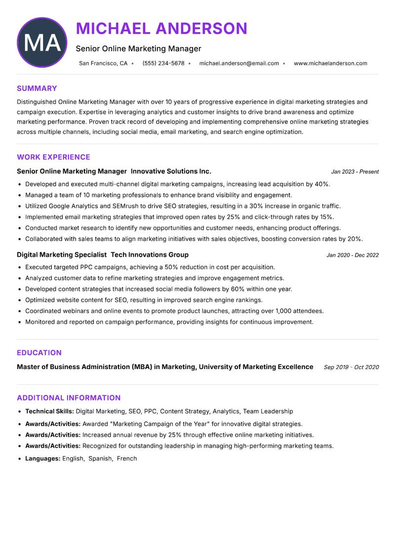 Online Marketing Manager resume example — ATS-friendly template