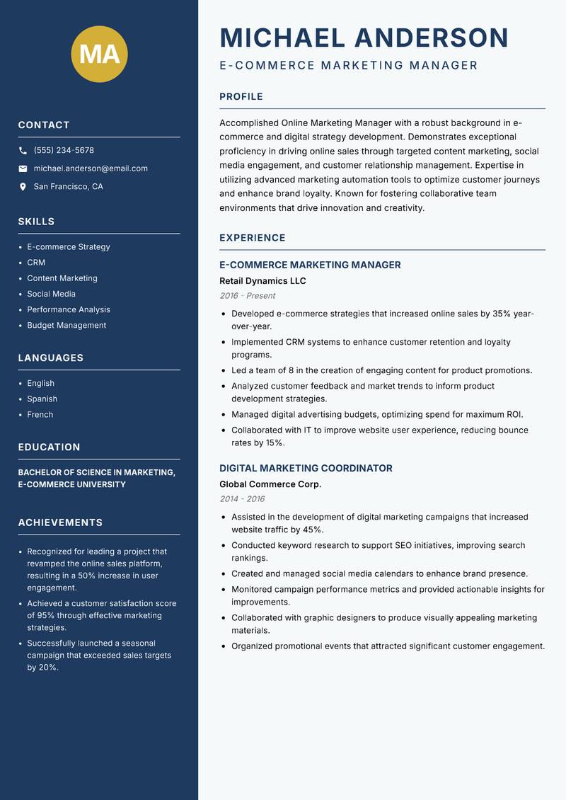 Online Marketing Manager resume template — Classic Clean