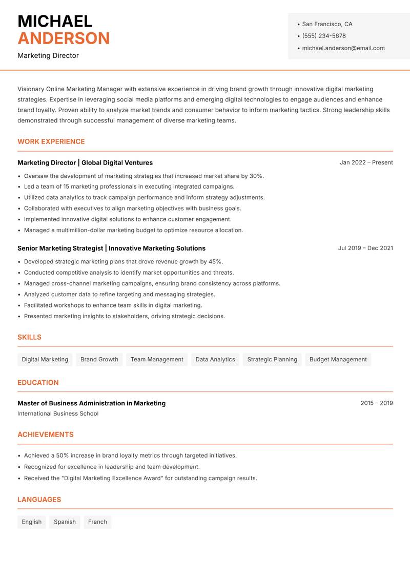 Online Marketing Manager resume template — Modern Professional