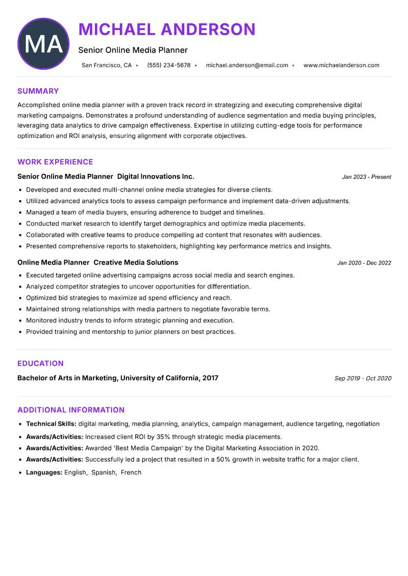 Online Media Planner resume example — ATS-friendly template