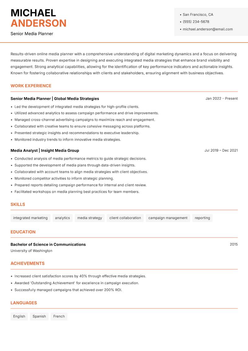 Online Media Planner resume template — Modern Professional