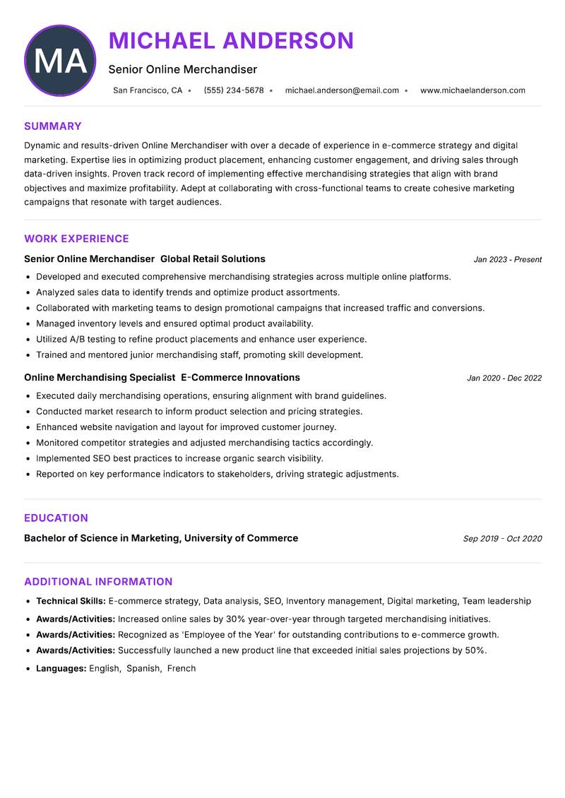 Online Merchandiser resume example — ATS-friendly template