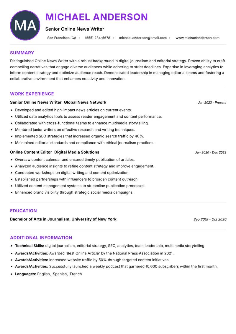 Online News Writer resume example — ATS-friendly template