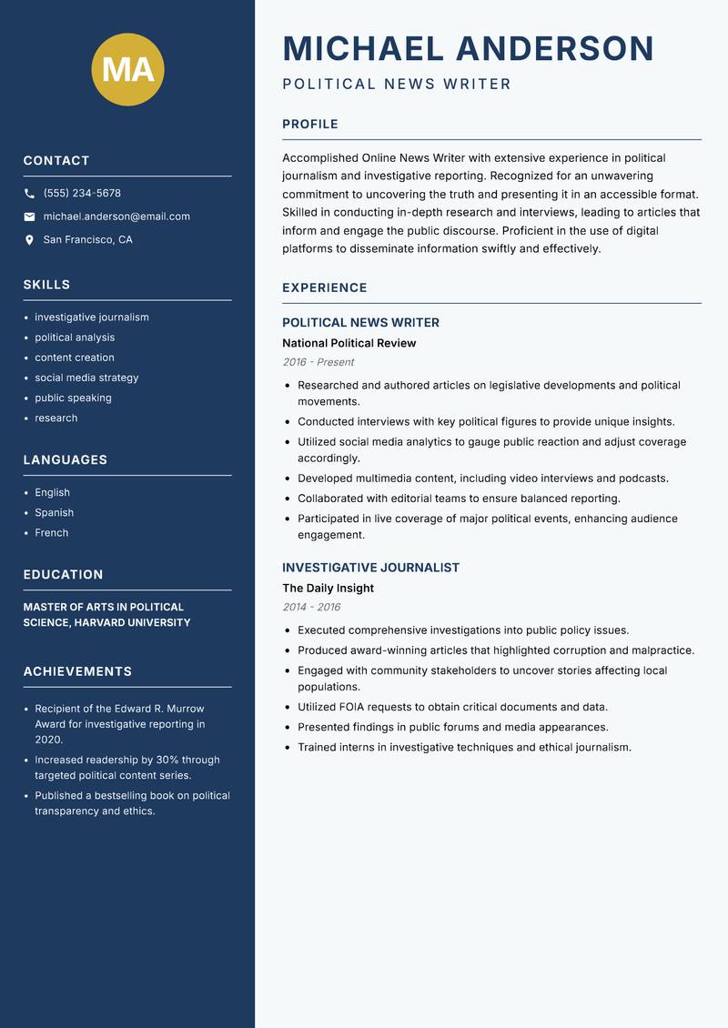 Online News Writer resume template — Classic Clean