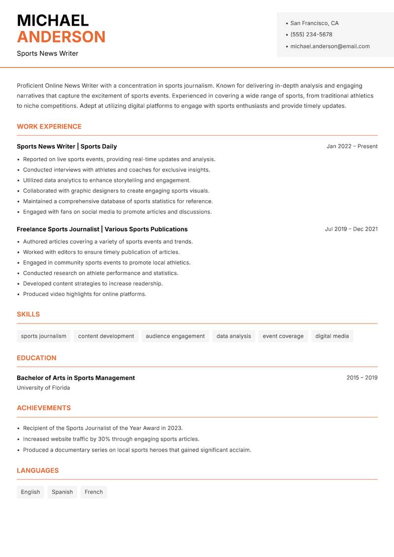 Online News Writer resume template — Modern Professional