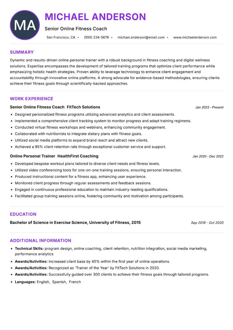 Online Personal Trainer resume example — ATS-friendly template