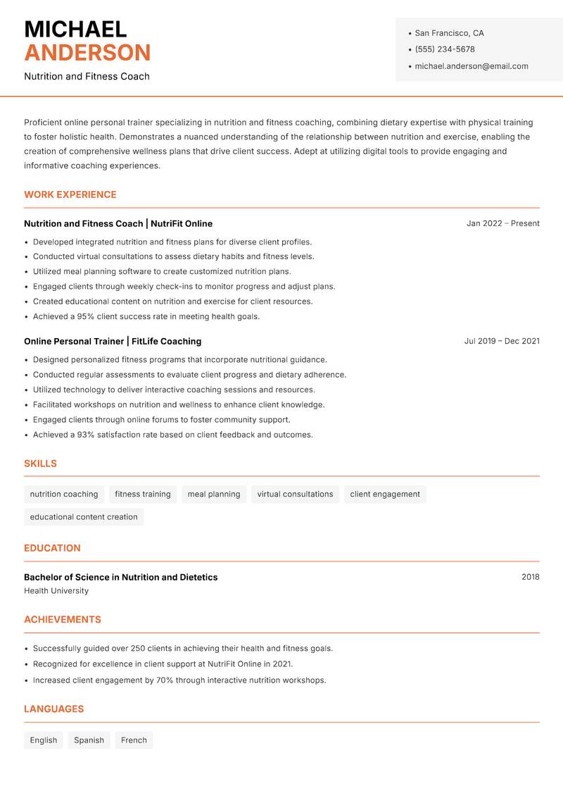 Online Personal Trainer resume template — Modern Professional