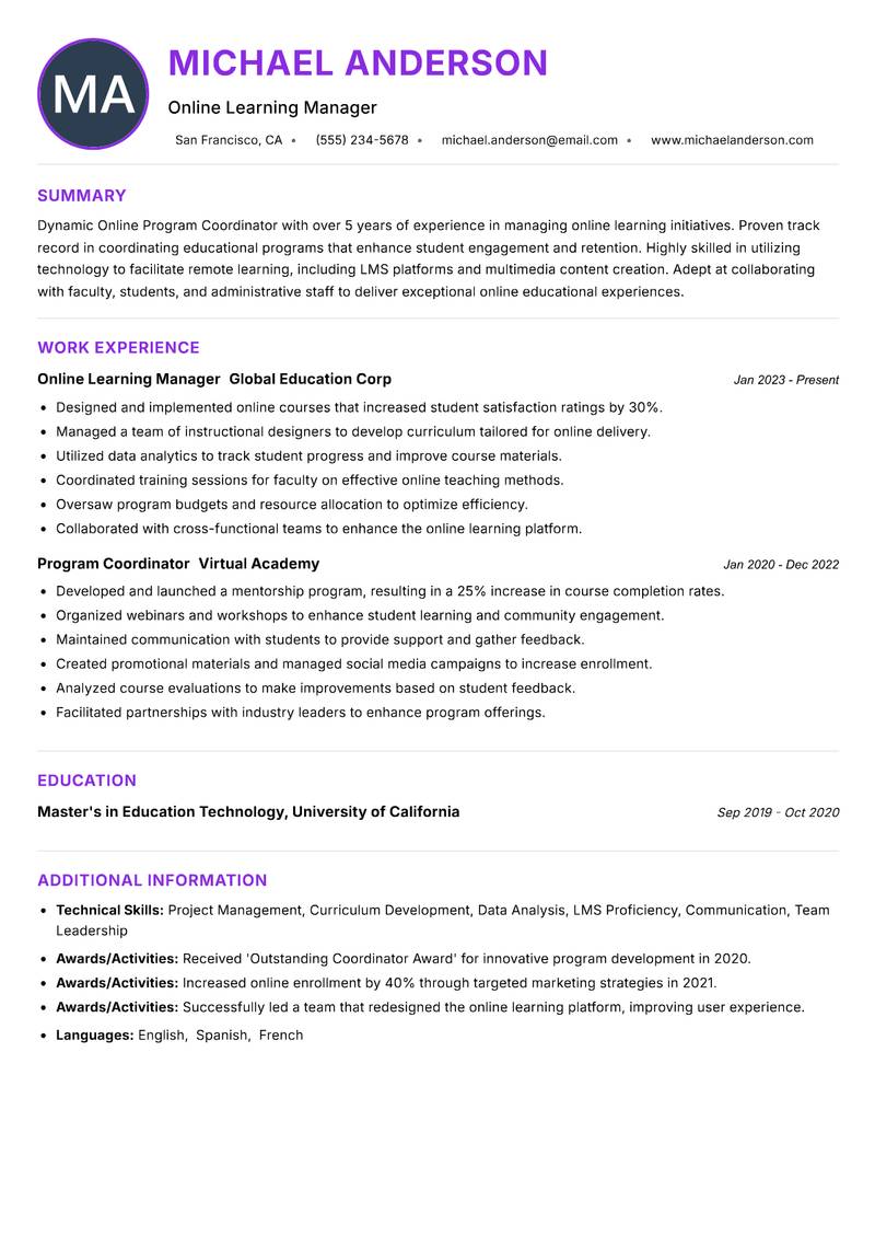 Online Program Coordinator resume example — ATS-friendly template