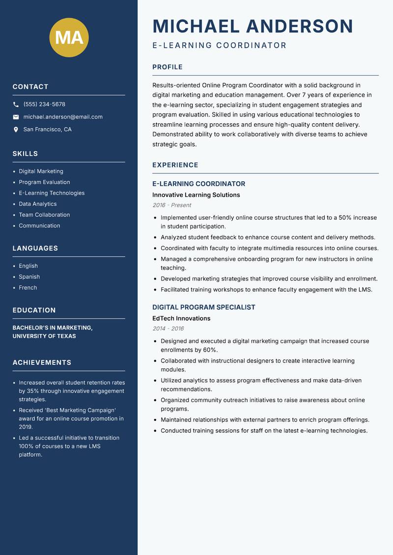 Online Program Coordinator resume template — Classic Clean