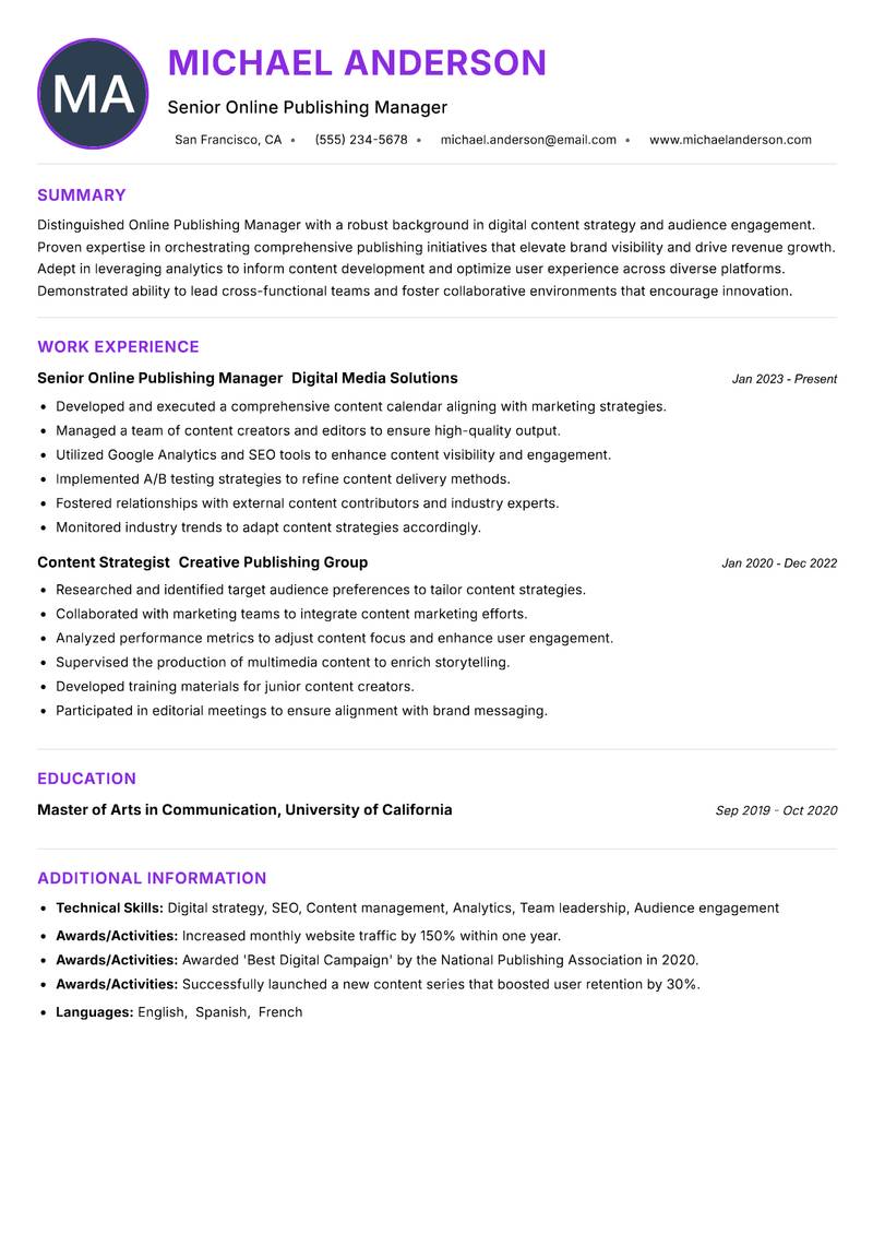 Online Publishing Manager resume example — ATS-friendly template