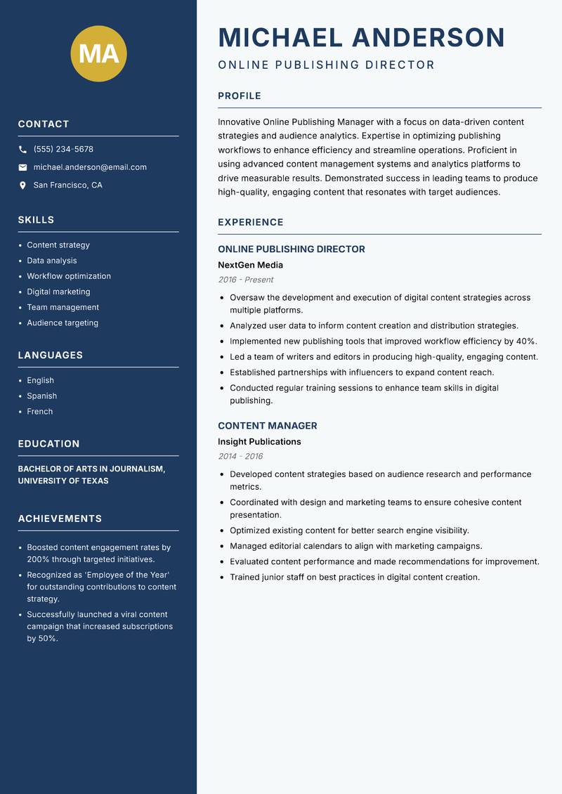 Online Publishing Manager resume template — Classic Clean