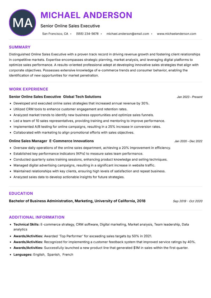 Online Sales Executive resume example — ATS-friendly template