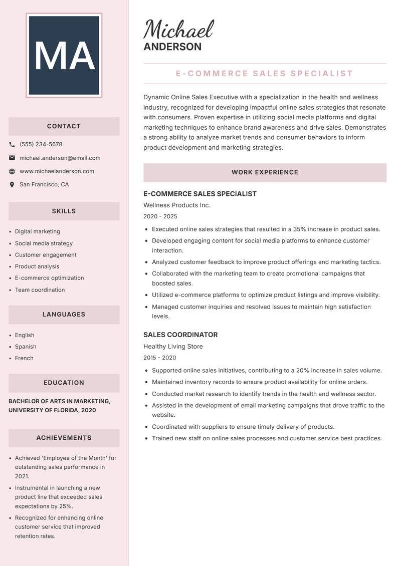 Online Sales Executive resume template — Executive