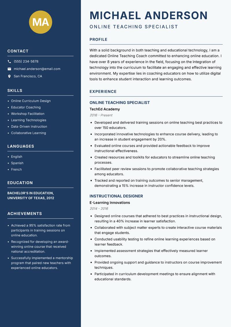 Online Teaching Coach resume template — Classic Clean