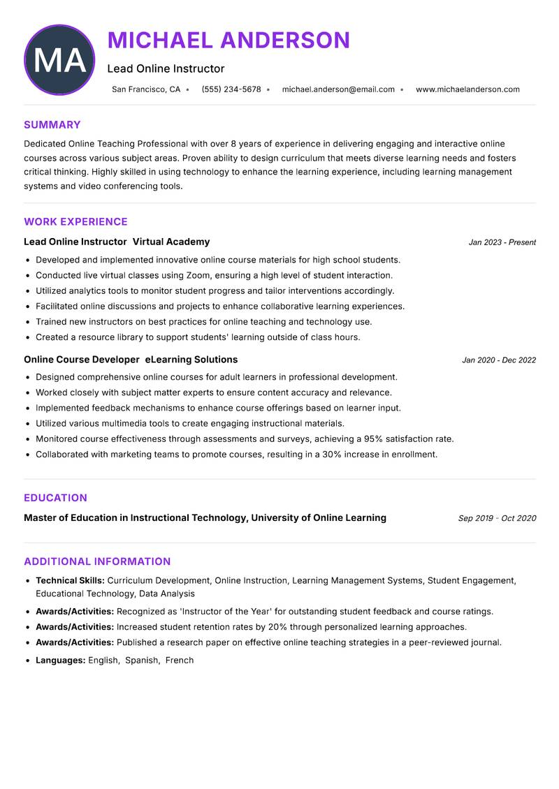 Online Teaching Professional resume example — ATS-friendly template