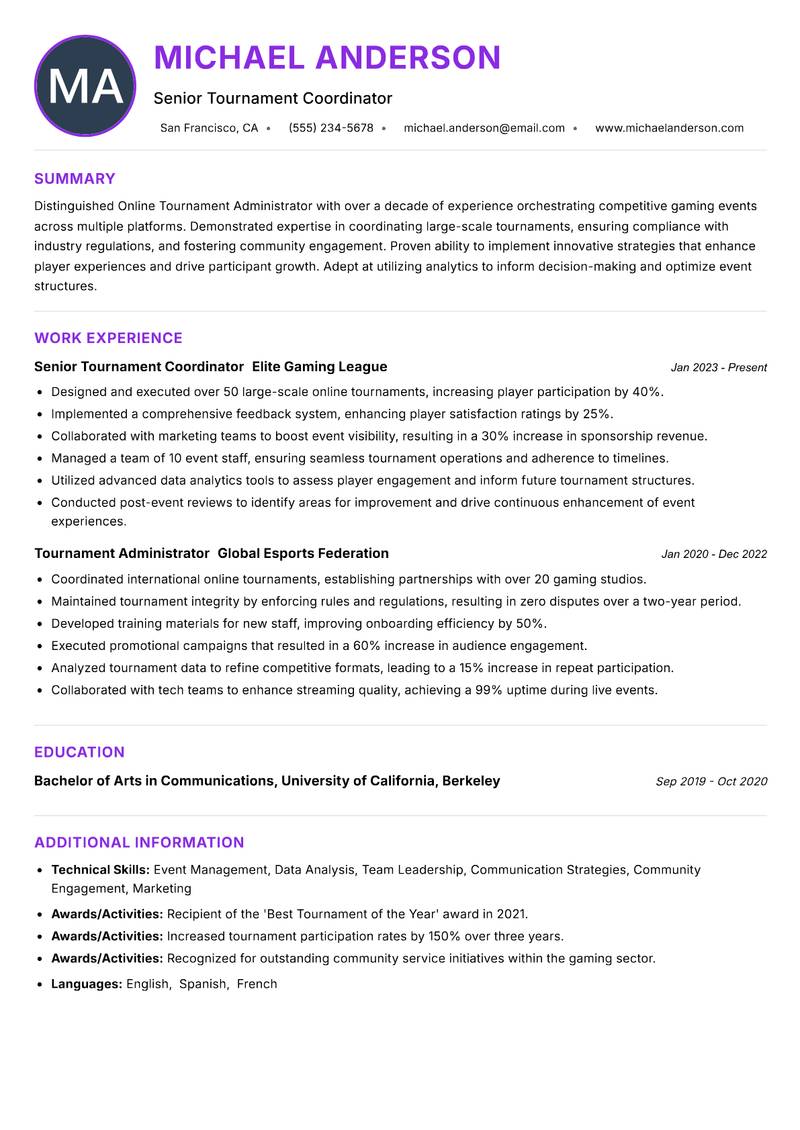 Online Tournament Administrator resume example — ATS-friendly template