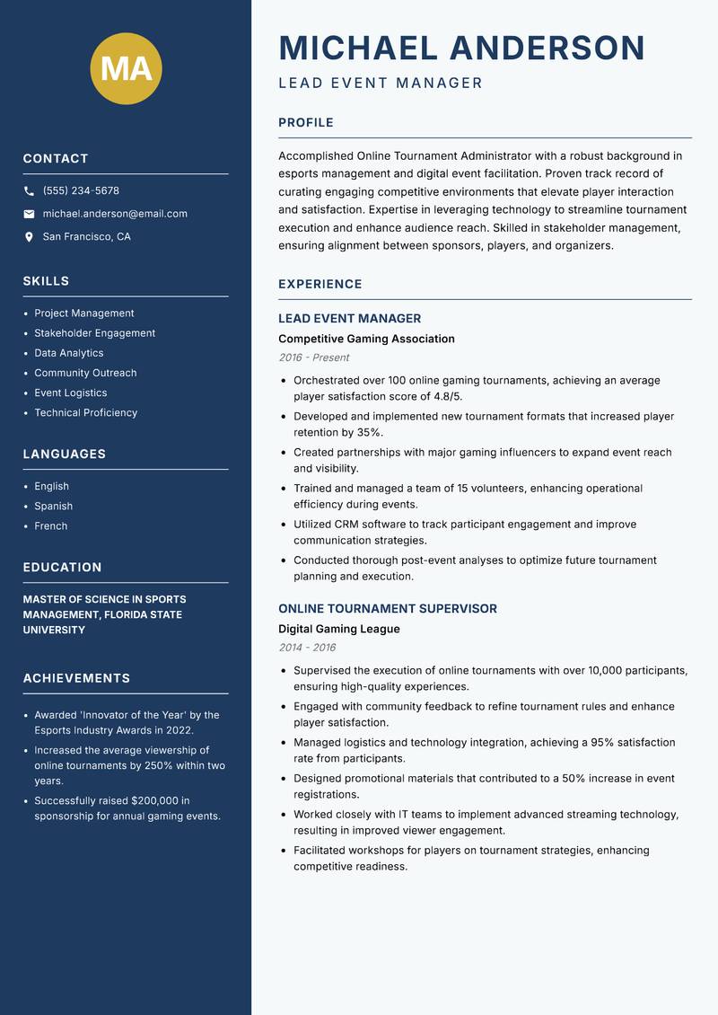 Online Tournament Administrator resume template — Classic Clean