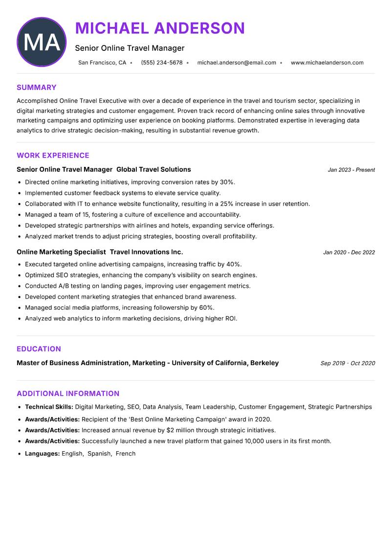 Online Travel Executive resume example — ATS-friendly template