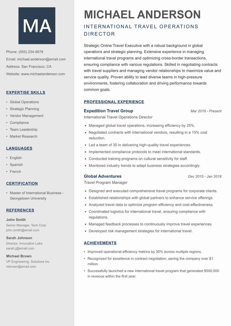 Online Travel Executive resume template — Creative Minimal