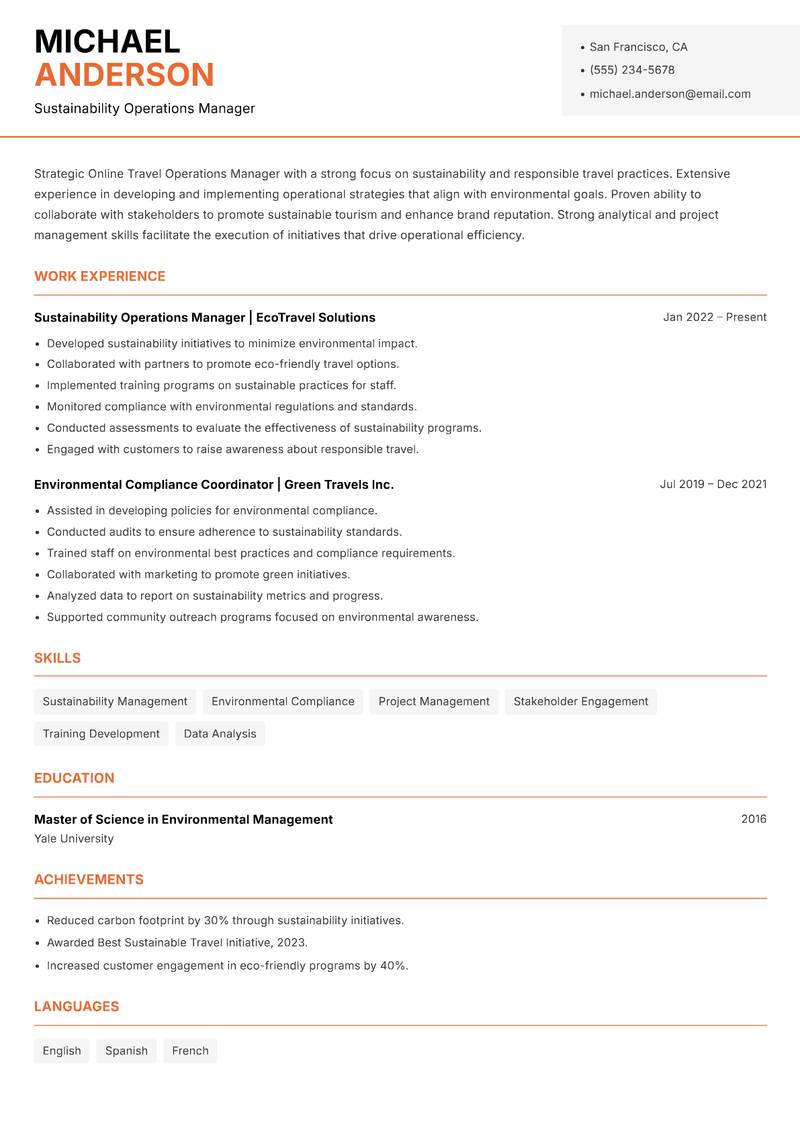 Online Travel Operations Manager resume template — Modern Professional