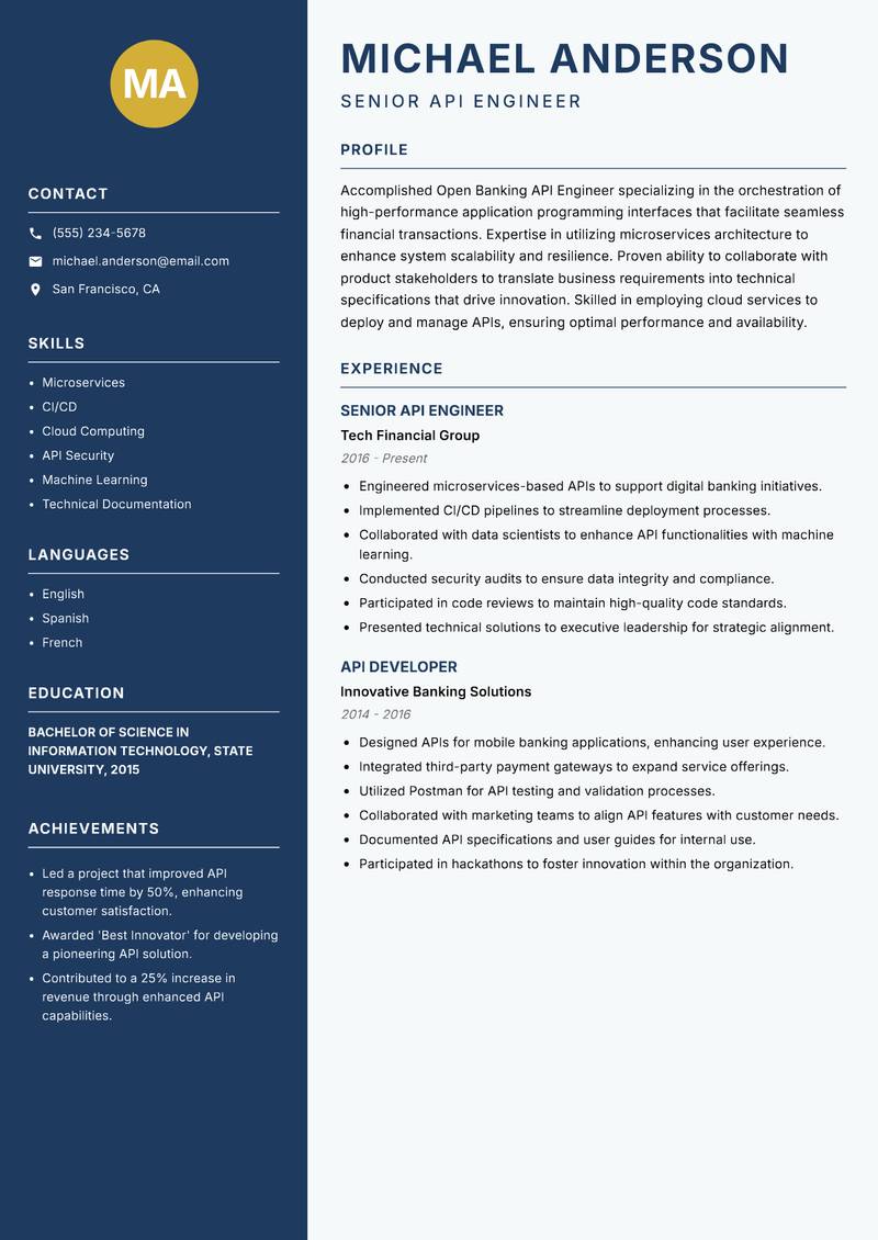 Open Banking API Engineer resume template — Classic Clean