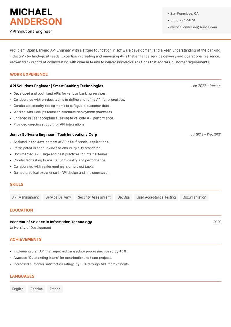 Open Banking API Engineer resume template — Modern Professional