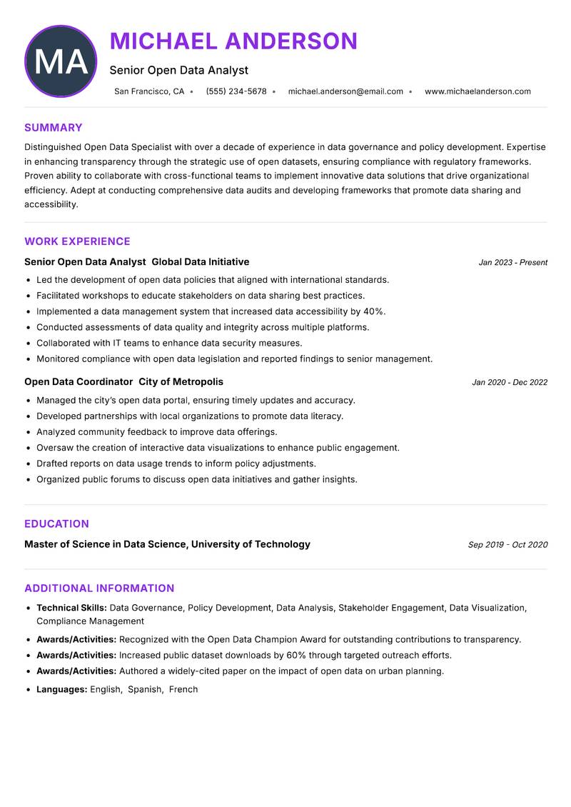 Open Data Specialist resume example — ATS-friendly template
