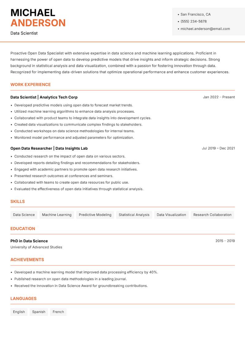 Open Data Specialist resume template — Modern Professional
