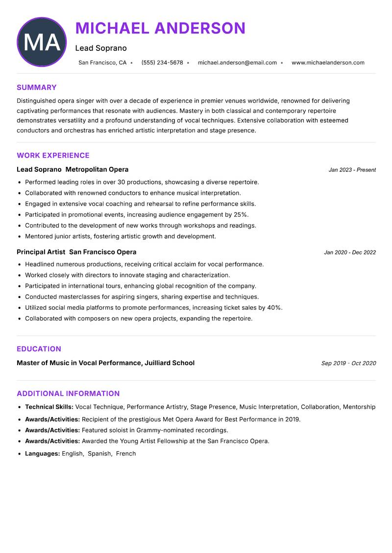 Opera Singer resume example — ATS-friendly template