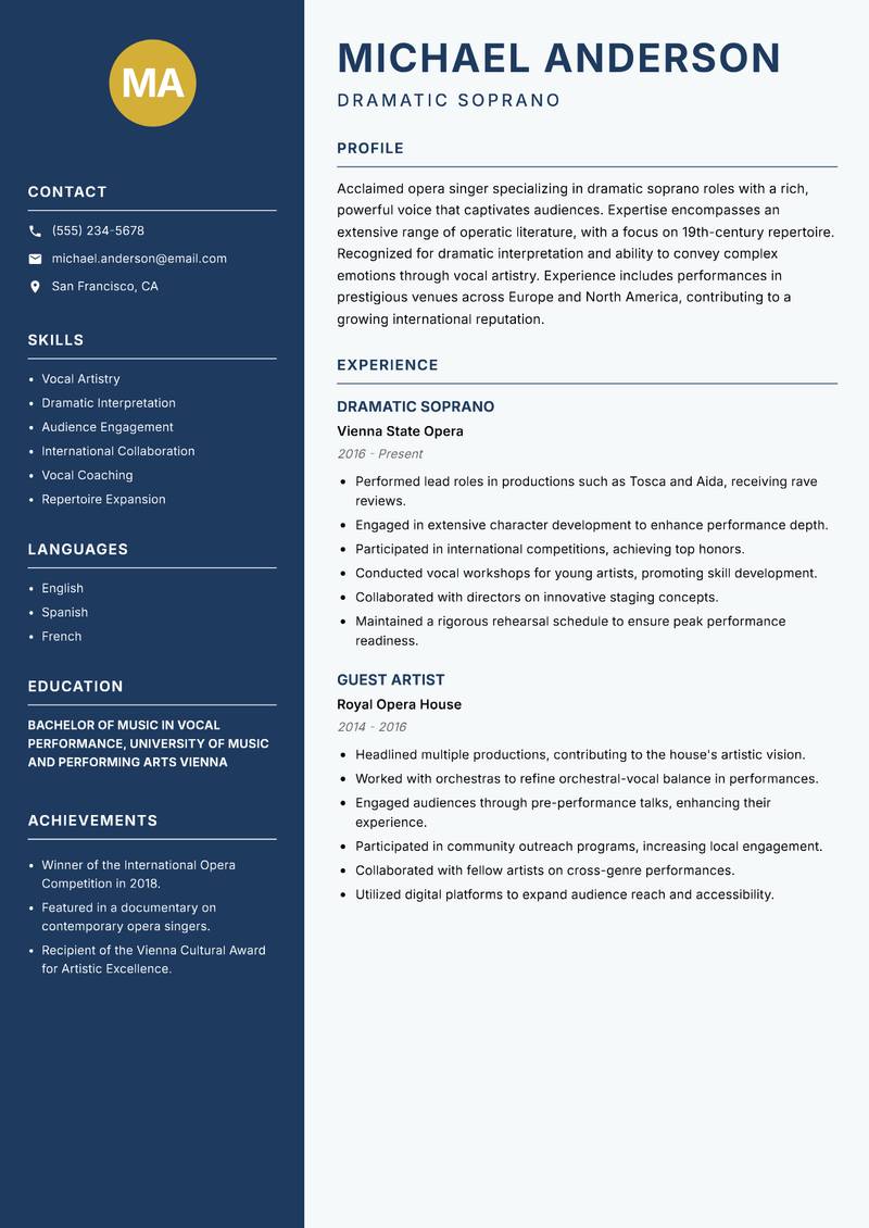 Opera Singer resume template — Classic Clean