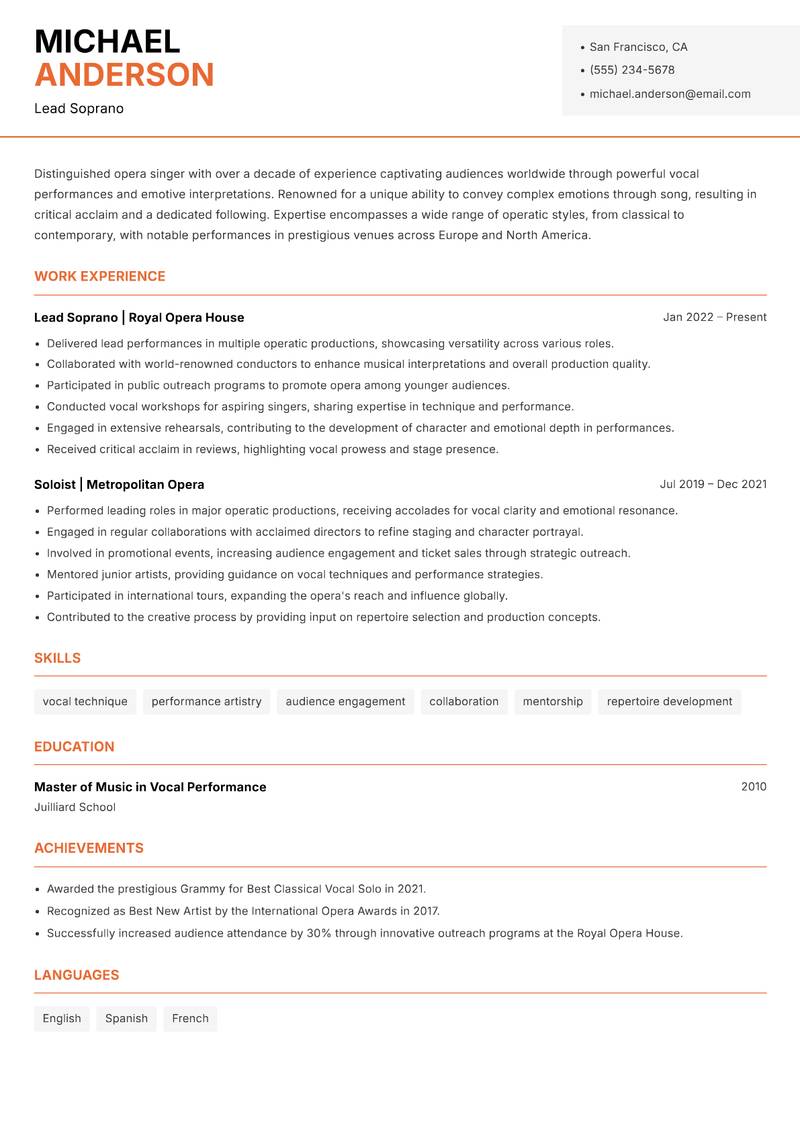 Opera Singer resume template — Modern Professional