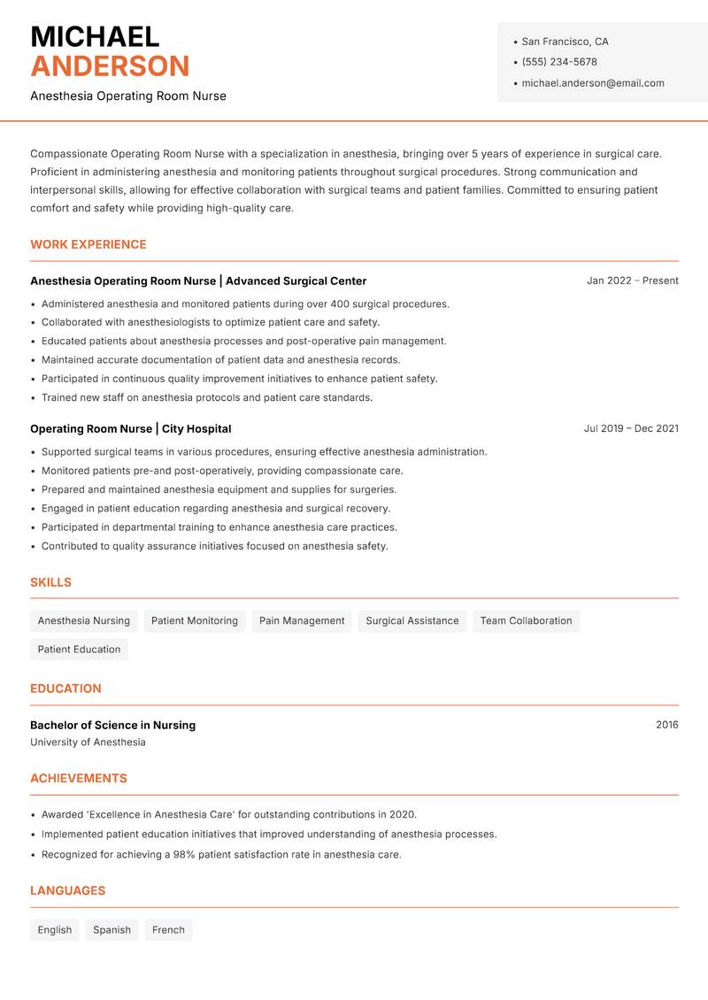 Operating Room Nurse resume template — Modern Professional